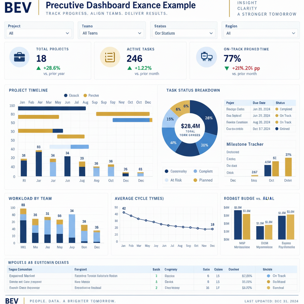 BEV Project and Workflow Intelligence Dashboard example showing Gantt timelines, task status breakdown, milestone tracker, workload by team, and budget vs actual