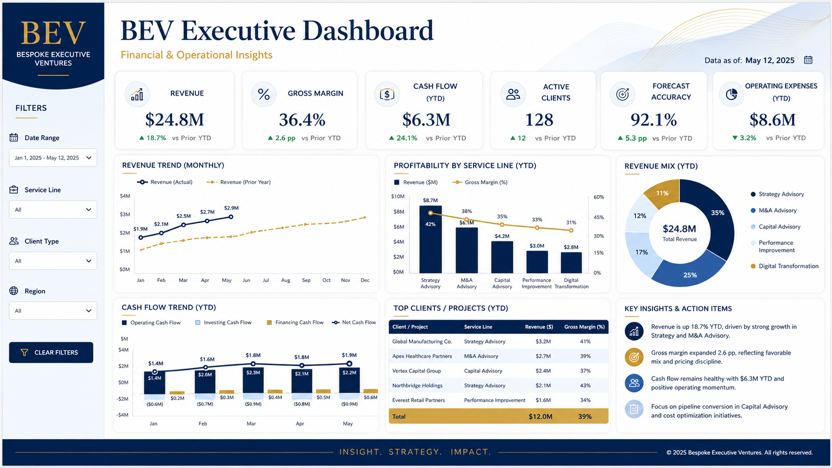 BEV financial and operations dashboard showing revenue, margin, and performance metrics